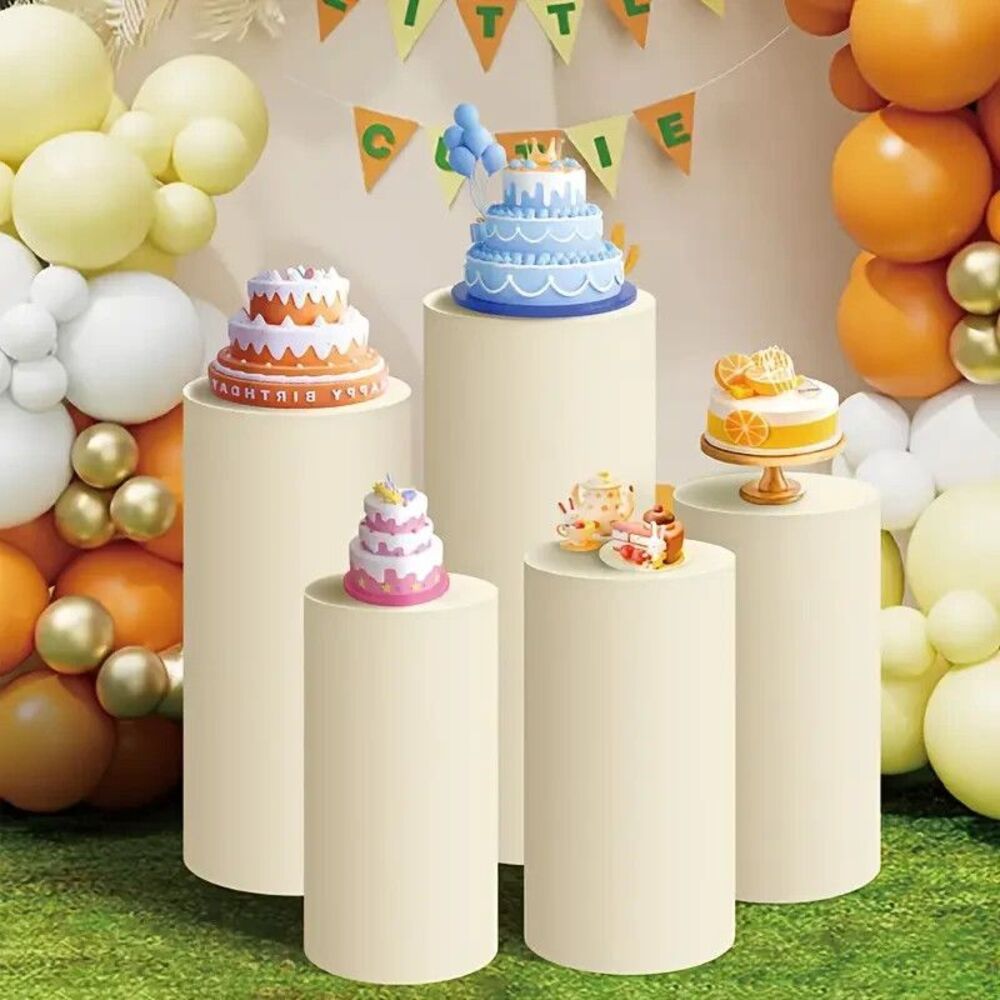 5 Cylinder Pedestal Fitted Spandex STAND COVERS Set Party Decoration beige ivory